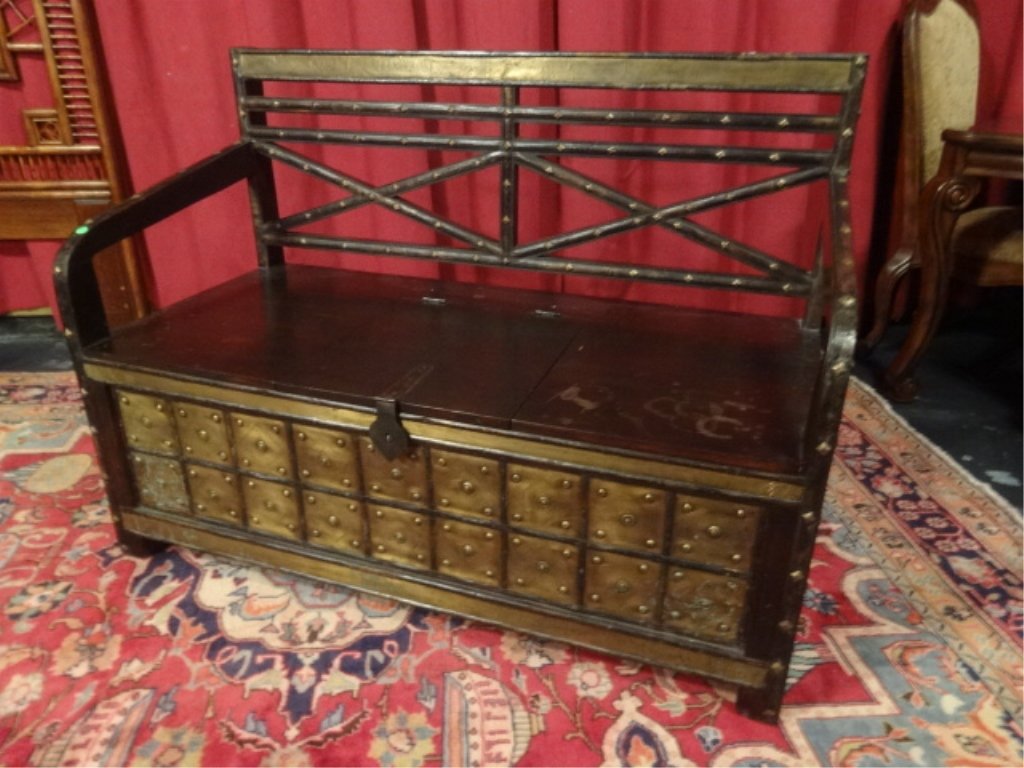 VINTAGE WOOD AND METAL BENCH, UNDER SEAT STORAGE, VERY (1 of 6)