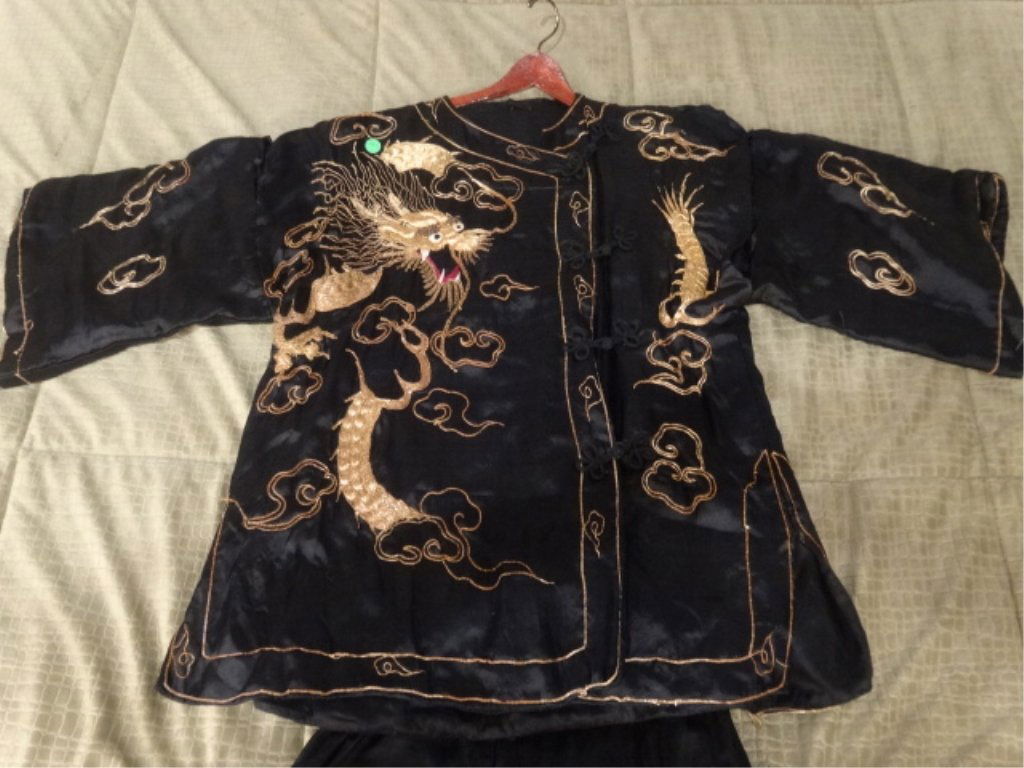 CHINESE BLACK SILK EMBROIDERED JACKET AND PANTS WITH (1 of 5)
