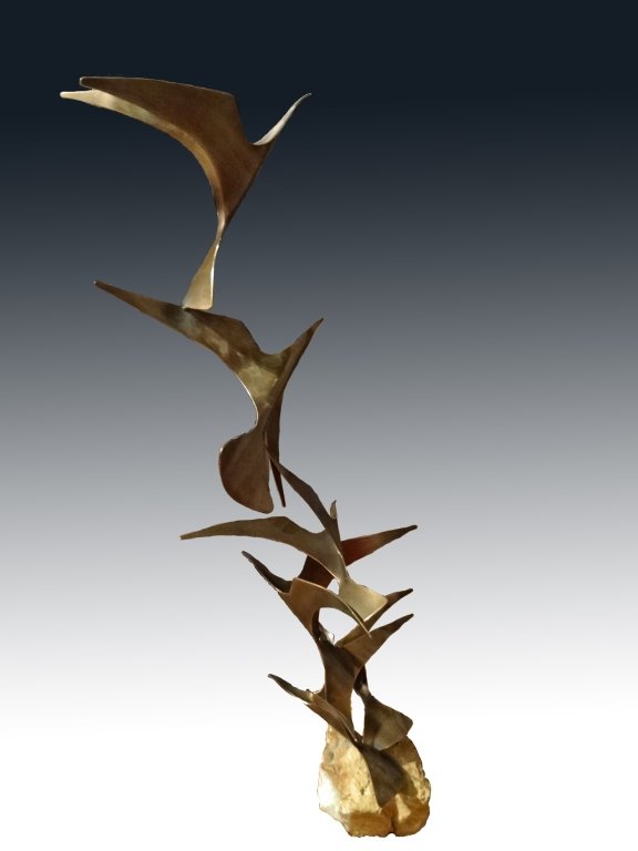 LARGE CURTIS JERE METAL SCULPTURE, BIRDS IN FLIGHT, ON (1 of 1)