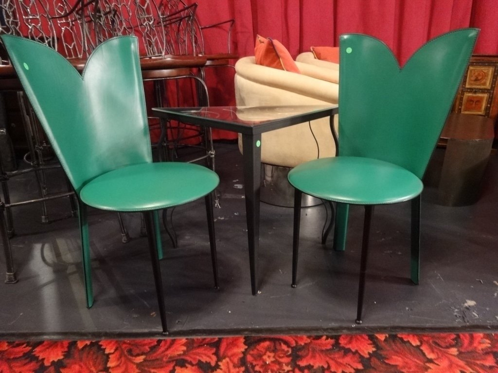 PAIR MODERN DESIGN GREEN LEATHER CHAIRS WITH TULIP (1 of 5)