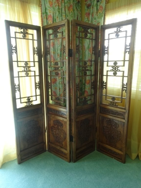 CHINESE CARVED WOOD 4 PANEL FLOOR SCREEN, CARVED (1 of 7)