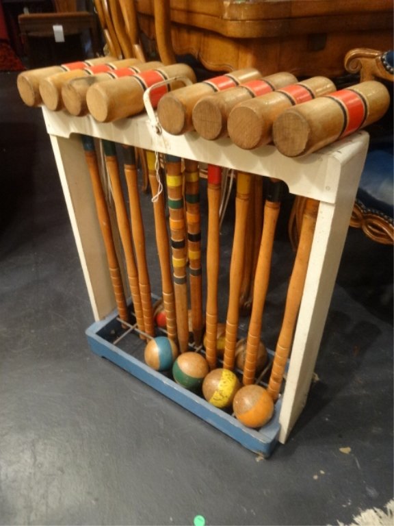 VINTAGE WOODEN CROQUET WITH BALLS, MALLETS, AND (1 of 4)