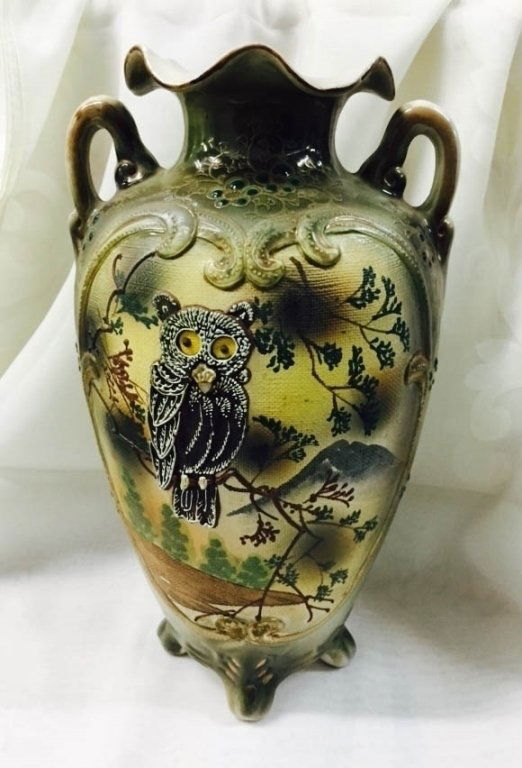 RARE ANTIQUE NIPPON MORIAGE OWL VASE, 12â€ HIGH. MINOR (1 of 3)