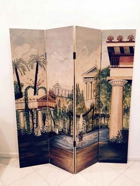 4 PANEL PAINTED WOOD FLOOR SCREEN, ROMAN SCENE WITH (1 of 4)