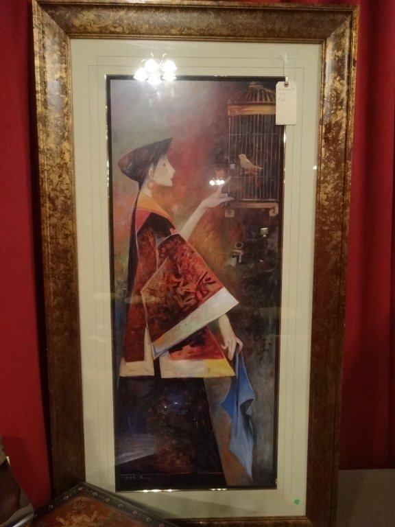 LARGE FRAMED PRINT, WOMAN WITH BIRDCAGE, SIGNED IN (1 of 4)
