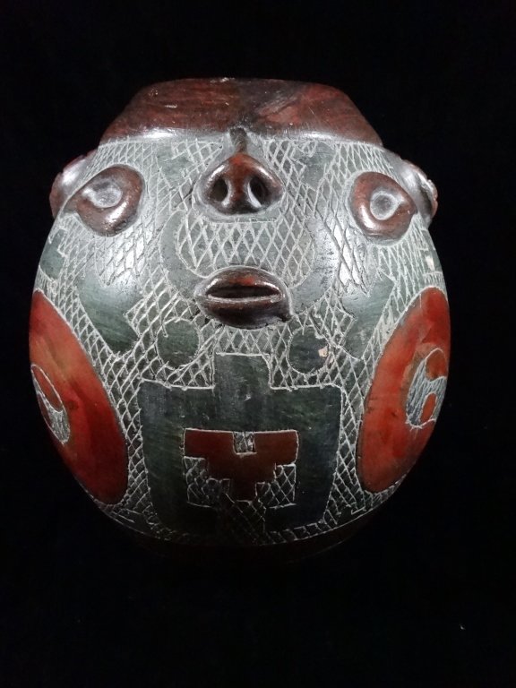 ART POTTERY VASE, FACES, RED, GREEN & GRAY, APPROX 8.5" (1 of 7)