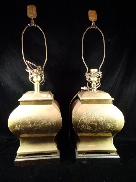 PAIR ORIENTAL BRASS LAMPS, APPROX 26.5"H TO TOP OF (1 of 5)