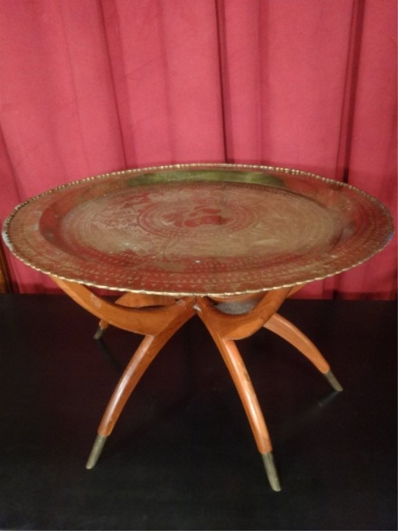 SOUTHEAST ASIAN ETCHED BRASS TRAY TABLE, ON WOOD BASE, (1 of 6)