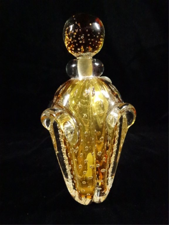 GOLD CONTROLLED BUBBLE ART GLASS PERFUME BOTTLE WITH: GOLD CONTROLLED BUBBLE ART GLASS PERFUME BOTTLE WITH STOPPER, 7.5" X 3.5"X SKU332.28
