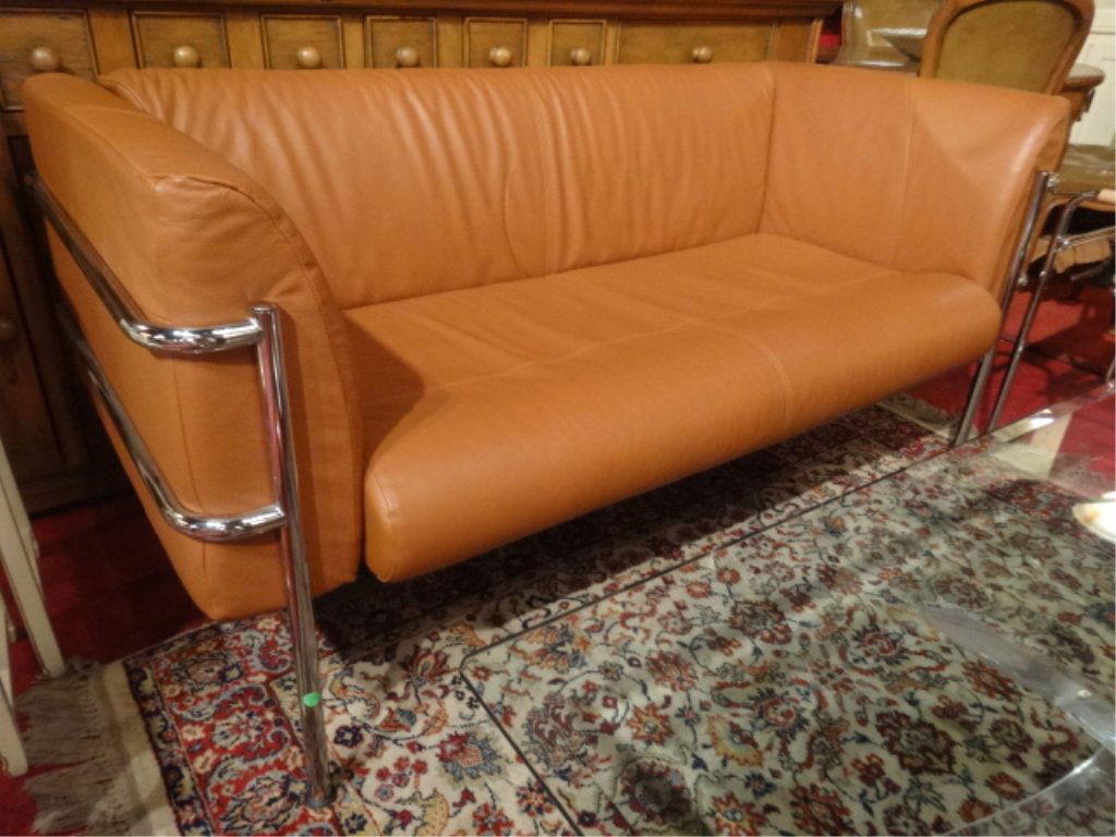 LE CORBUSIER STYLE LOVESEAT, CAMEL LEATHER, TUBULAR (1 of 5)