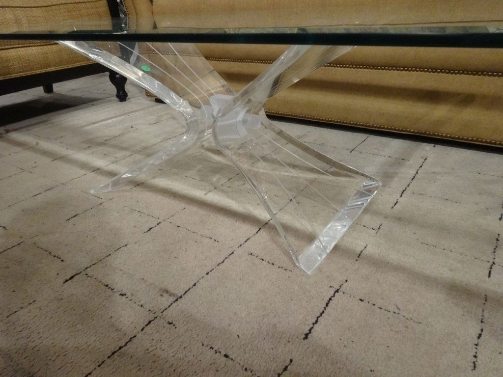 LUCITE X BASE COFFEE TABLE, GLASS TOP, MATCHING CONSOLE (1 of 8)