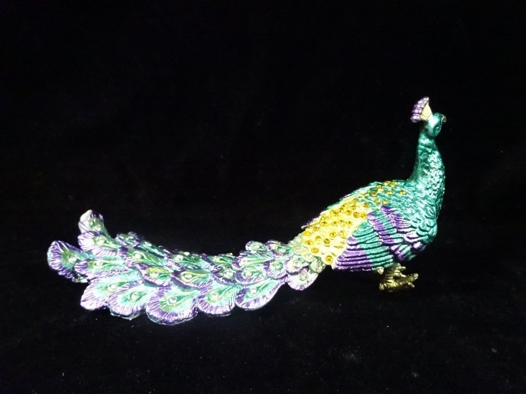ENAMEL & CRYSTAL PEACOCK TRINKET BOX, APPROX 3 1/8"H, (1 of 5)