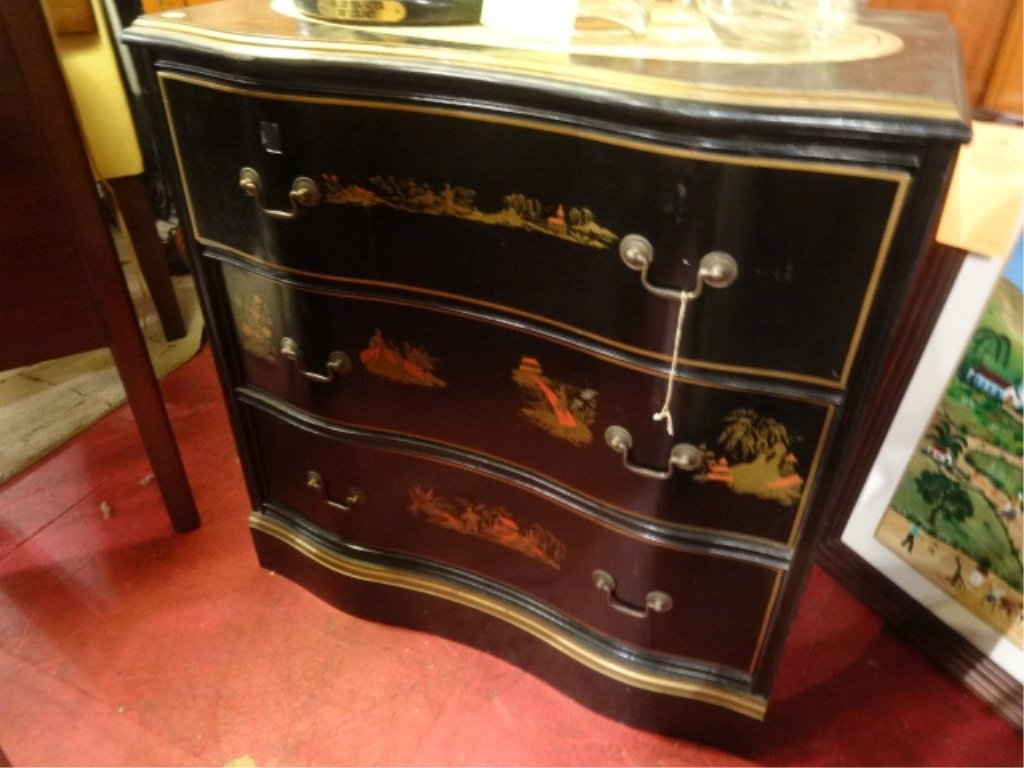 VINTAGE CHINOISERIE 3 DRAWER CHEST, BLACK LACQUER WITH (1 of 9)