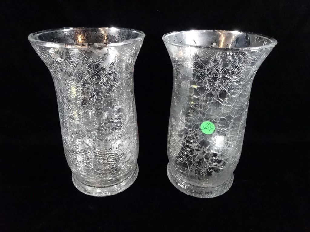 2 PC SILVER CRACKLE GLASS VASES, APPROX 10" X 6", (1 of 6)