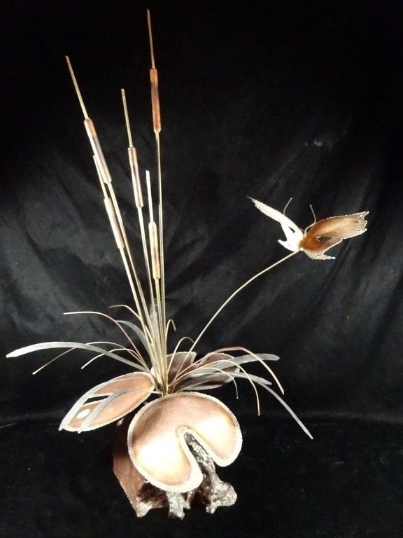 COPPER & METAL SCULPTURE, CATTAILS AND BUTTERFLY ON (1 of 5)