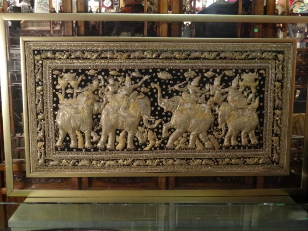 LARGE SOUTHEAST ASIAN TAPESTRY WITH FIGURES RIDING: LARGE SOUTHEAST ASIAN TAPESTRY WITH FIGURES RIDING ELEPHANTS, SILVER AND GOLD METALLIC THREAD, SEQUINS AND BEADS, FRAMED, VERY GOOD VINTAGE CONDITION WITH MINOR LOSS OF SEQUINS, FRAMED SIZE IS 40.75"
