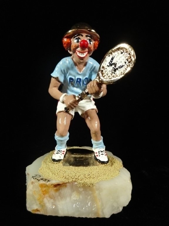 RON LEE SIGNED METAL CLOWN SCULPTURE, TENNIS PLAYER, (1 of 5)