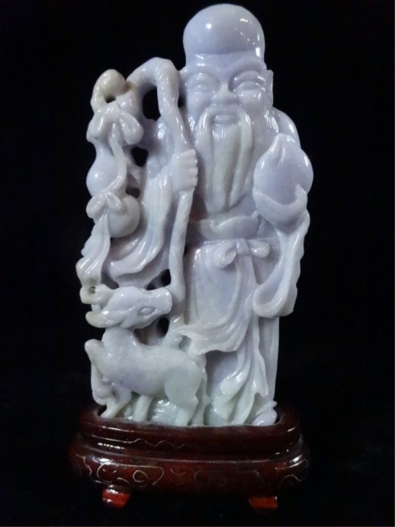 CHINESE CARVED WHITE JADE FIGURE HOLDING GOAT, ON WOOD (1 of 8)