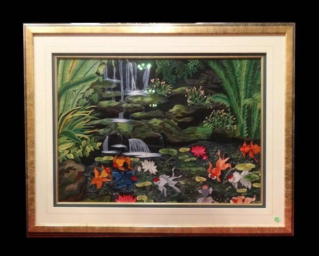 CHINESE FRAMED SILK EMBROIDERY GOLD FISH IN POND WITH (1 of 7)