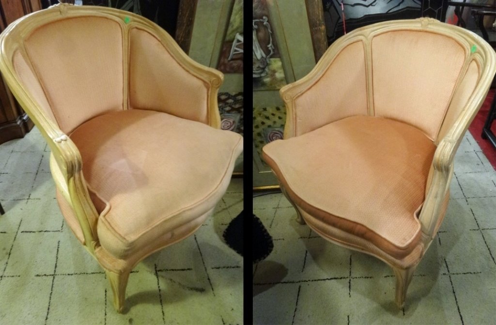 PAIR LOUIS XV STYLE ARMCHAIRS, BLUSH UPHOLSTERY ANTIQUE: PAIR LOUIS XV STYLE ARMCHAIRS, BLUSH UPHOLSTERY ANTIQUE WHITE FINISH, VERY GOOD GENTLY USED VINTAGE CONDITION, SKU4307