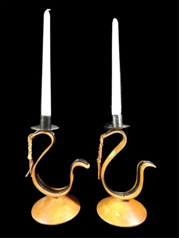 PAIR WOOD AND LEATHER CANDLESTICKS, 10" X 6", SKU332.22 (1 of 5)