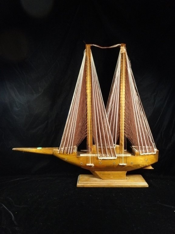 WOODEN BOAT WITH STRING SAILS, VERY GOOD MID CENTURY: WOODEN BOAT WITH STRING SAILS, VERY GOOD MID CENTURY CONDITION, SOME DAMAGE TO TIP OF BOWSPRIT, APPROS 13.5"H X 24.75"L, SKU9171.32