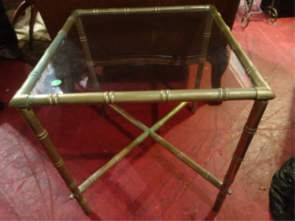 MID CENTURY BRASS FAUX BAMBOO SIDE TABLE, GLASS TOP, (1 of 3)
