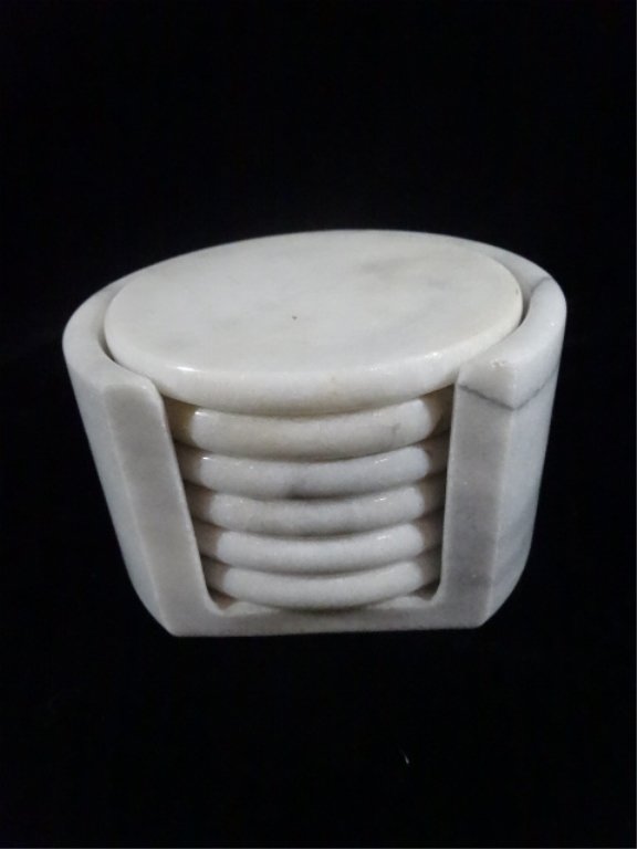 7 PC MARBLE COASTERS WITH HOLDER, APPROX 5" X 3" X 4"D,: 7 PC MARBLE COASTERS WITH HOLDER, APPROX 5" X 3" X 4"D, SKU9338