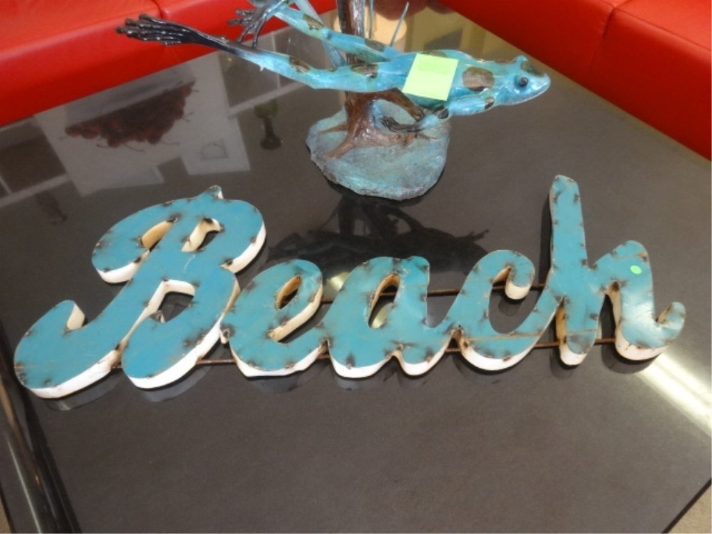 REPLICA VINTAGE LOOK METAL BEACH SIGN IN PALE BLUE, (1 of 4)