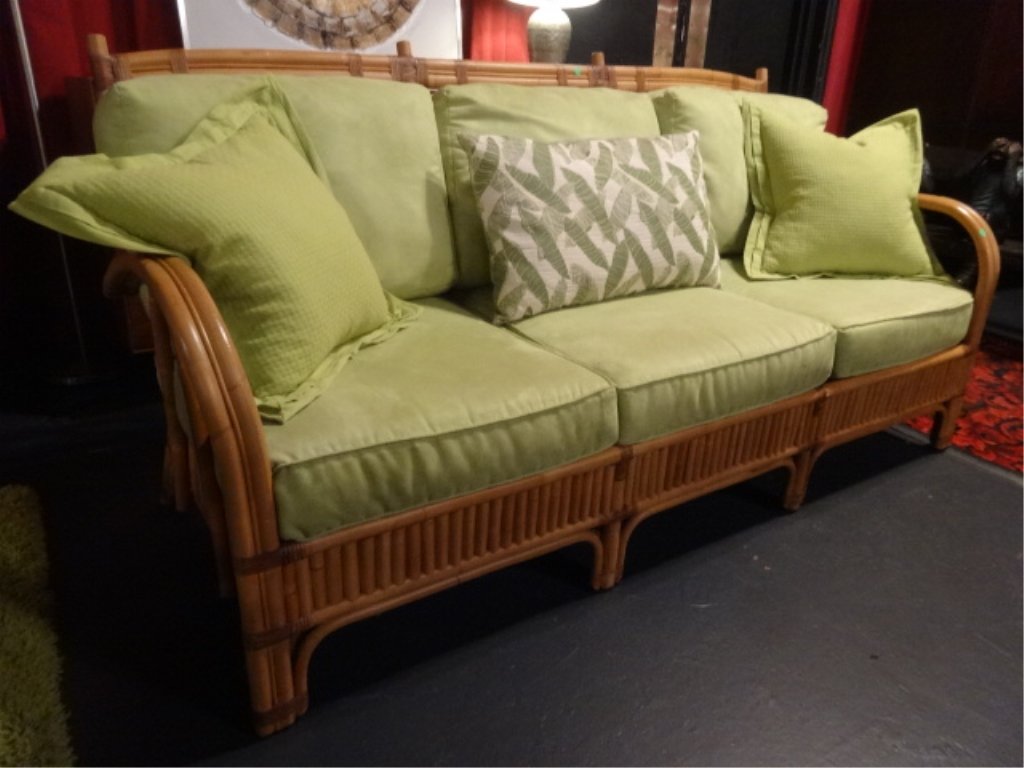 CONTEMPORARY RATTAN AND WOOD SOFA, GREEN UPHOLSTERED (1 of 4)