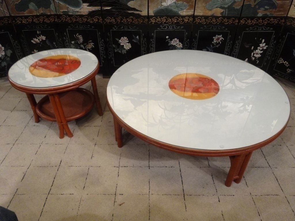 2 PC MID CENTURY MODERN RATTAN COFFEE AND SIDE TABLE, (1 of 10)