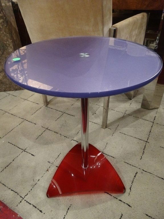 MODERN DESIGN GLASS AND CHROME PEDESTAL TABLE, PURPLE (1 of 5)