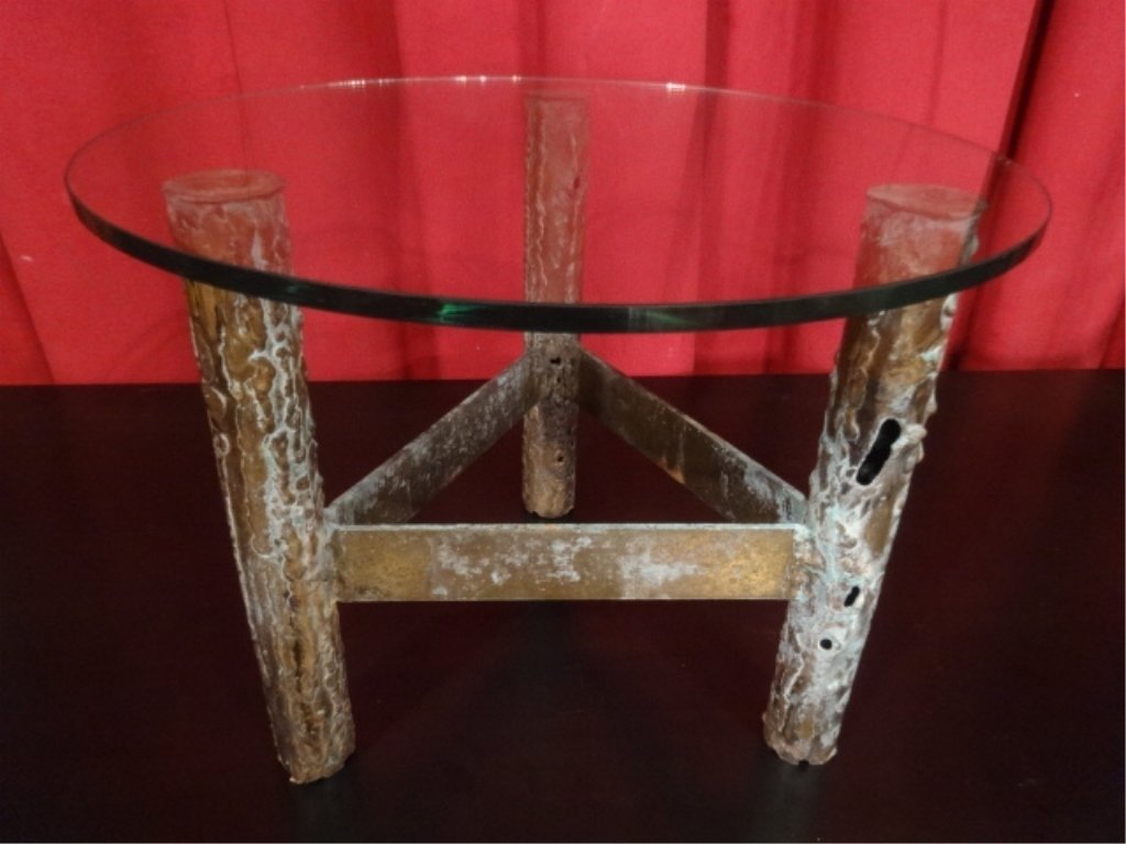 BRUTALIST MID CENTURY STEEL TABLE, TRI-LEG CUT AND (1 of 8)