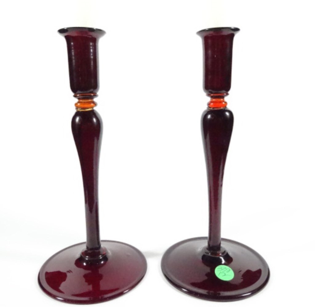 PAIR RED ART GLASS CANDLESTICKS, 10"H, SKU332.12 (1 of 3)