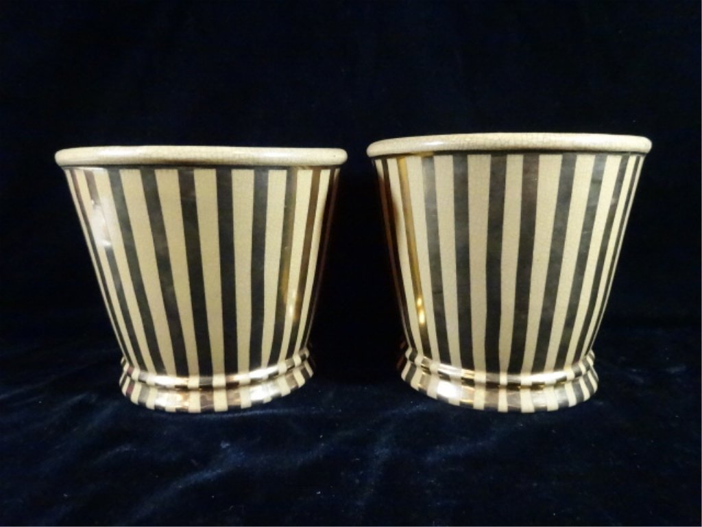 PAIR CHINESE CERAMIC POTS, GOLD & WHITE STRIPED, APPROX (1 of 6)