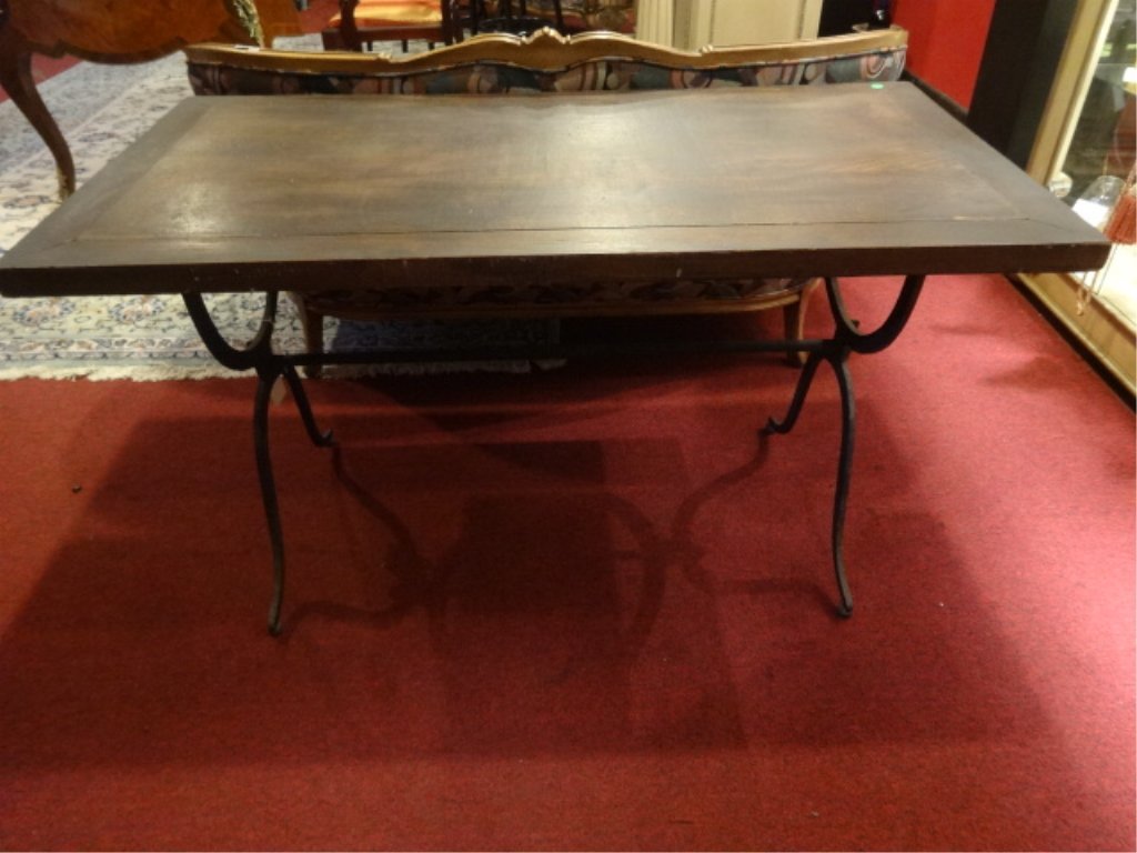ANTIQUE IRON AND WOOD DESK, WOOD TOP WITH IRON BASE,: ANTIQUE IRON AND WOOD DESK, WOOD TOP WITH IRON BASE, VERY GOOD CONDITION, APPROX 5'W, SKU9355.02
