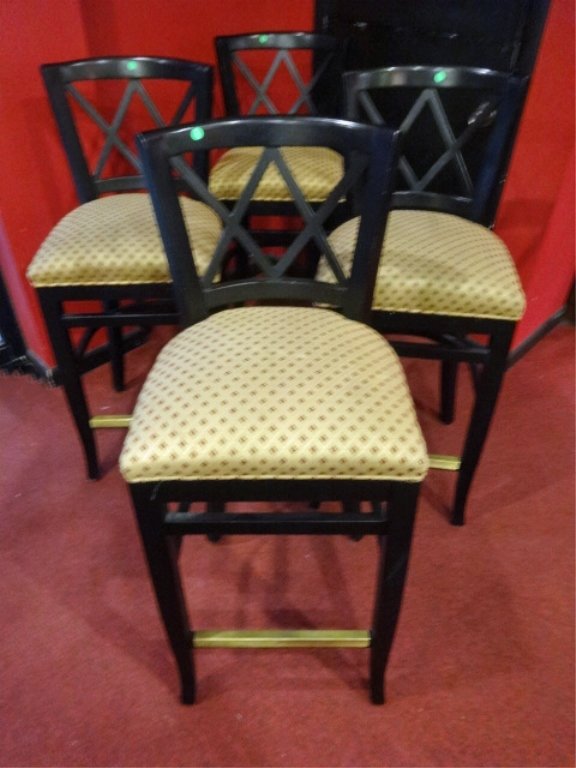 4 PC SET WOOD FRAME BARSTOOLS, GOLD UPHOLSTERED SEATS, (1 of 5)