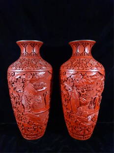 PAIR CHINESE CARVED CINNABAR LACQUER VASES, APPROX 13": PAIR CHINESE CARVED CINNABAR LACQUER VASES, APPROX 13" X 6", SKU352.01