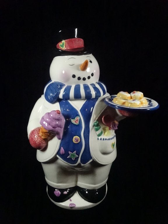 PORCELAIN COOKIE JAR, SNOWMAN WITH REMOVABLE HEAD,: PORCELAIN COOKIE JAR, SNOWMAN WITH REMOVABLE HEAD, CHRISTMAS DÃ‰COR BY TAMMANY DEVINE, APPROX 15" X 10.5"
