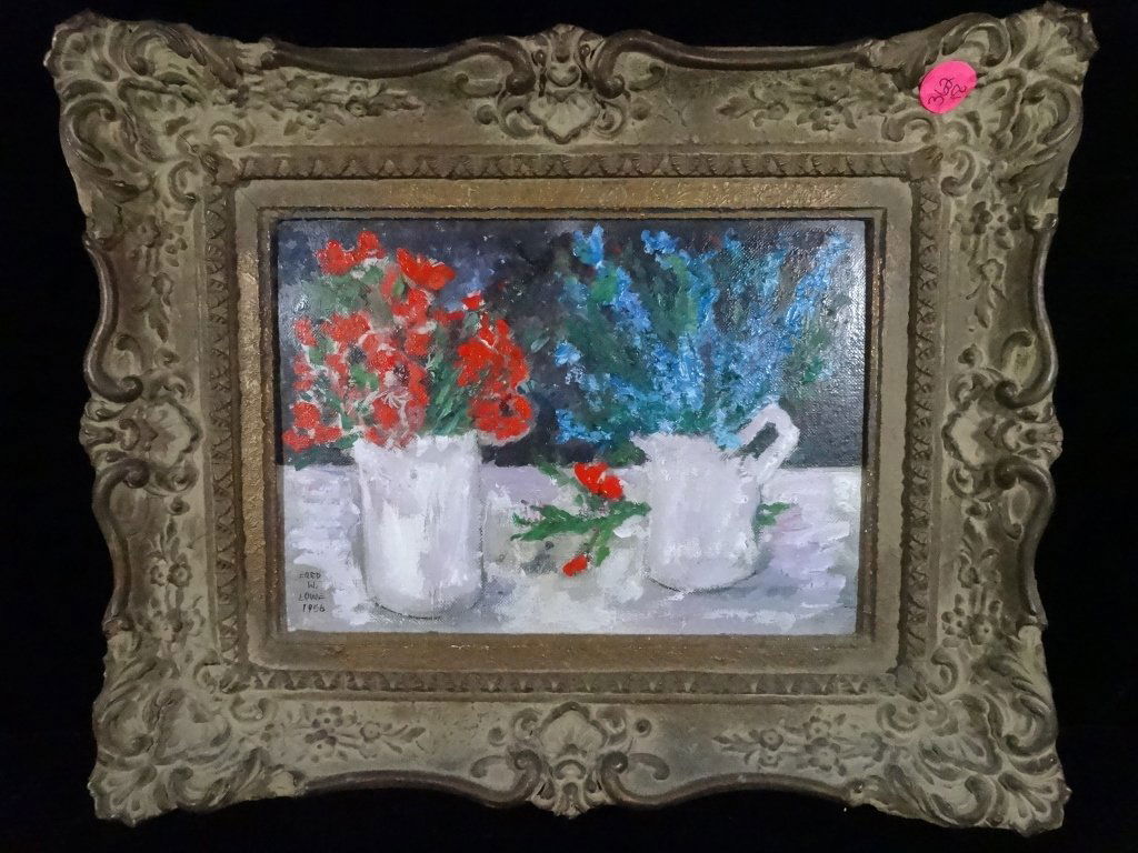 FRED W. LOWE PAINTING ON BOARD, STILL LIFE WITH RED & (1 of 7)