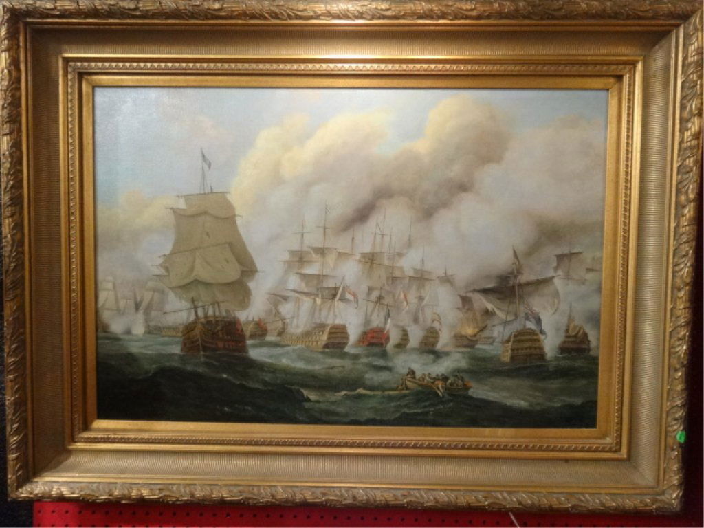 LARGE MARITIME PAINTING ON CANVAS, 19TH CENTURY: LARGE MARITIME PAINTING ON CANVAS, 19TH CENTURY WARSHIPS, UNSIGNED, WITH BRASS LIGHT, FRAMED SIZE 34" X 45.5" SKU362.26
