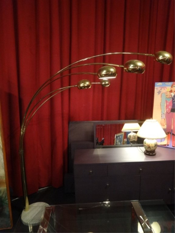 MID CENTURY BRASS 5 LIGHT ARC LAMP, ROUND MARBLE BASE, (1 of 4)