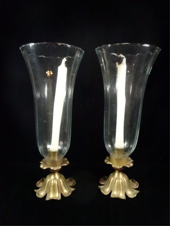 PAIR HURRICANE CANDLE HOLDERS, GLASS SHADES WITH BRASS (1 of 3)