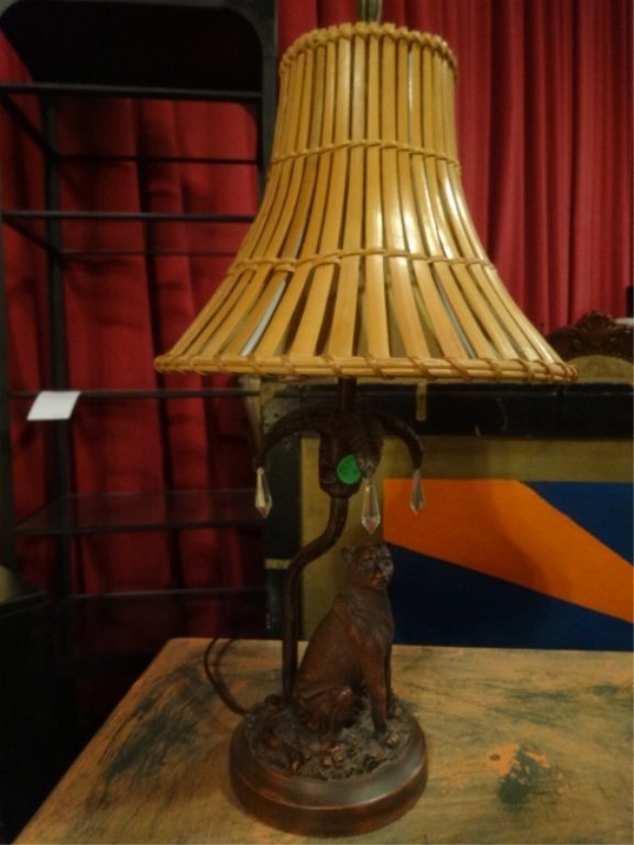 CAT AND PALM TREE TABLE LAMP, WITH RATTAN SHADE, (1 of 4)