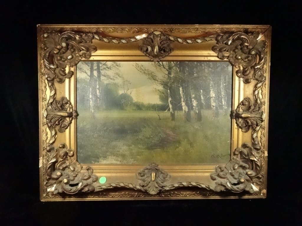 ANDREW MILLROSE VINTAGE PAINTING ON CANVAS, LANDSCAPE: ANDREW MILLROSE VINTAGE PAINTING ON CANVAS, LANDSCAPE WITH BIRCH TREES, SIGNED A. MILLROSE LOWER RIGHT, FRAMED SIZE APPROX 19.25" X 25.25", SKU9312.03