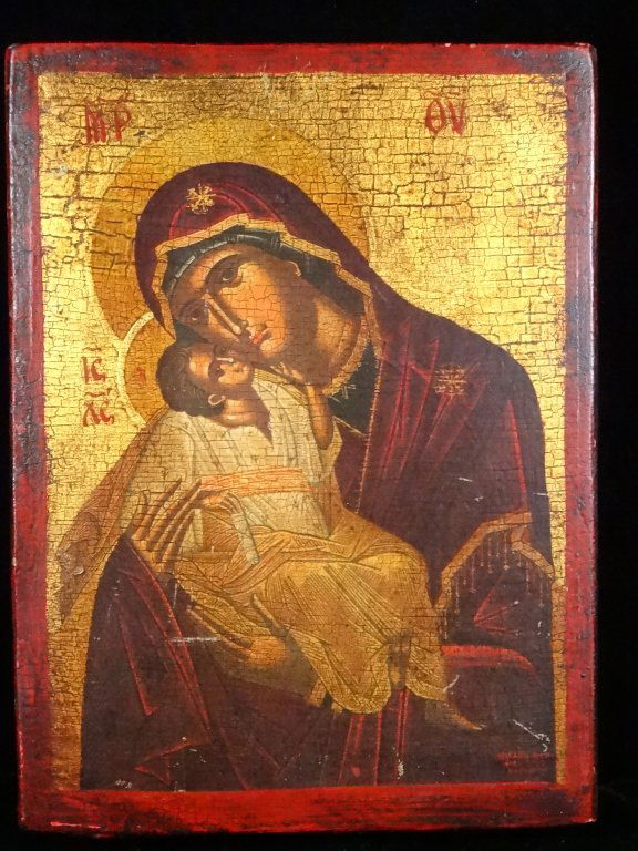 RUSSIAN ICON, MADONNA & CHILD, PAINTED ON WOOD, APPROX (1 of 10)
