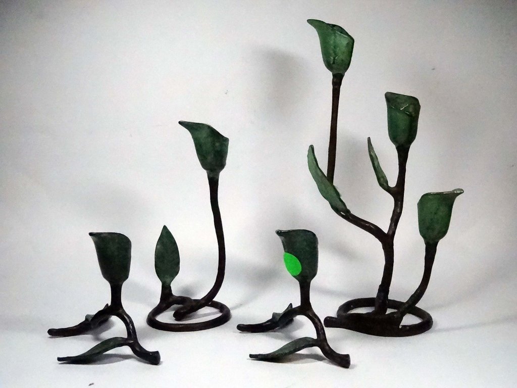 4 PC BRONZE CANDLEHOLDERS, LEAF DESIGN, APPROX 10", 8" (1 of 6)