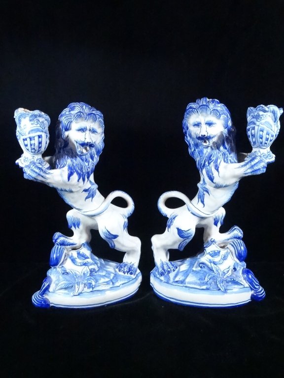 PAIR BLUE & WHITE PORCELAIN CANDLEHOLDERS, LIONS, ONE (1 of 10)