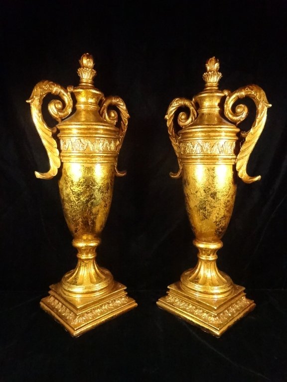 PAIR GOLD URNS, COMPOSITE, APPROX 22.5" X 10" (1 of 8)