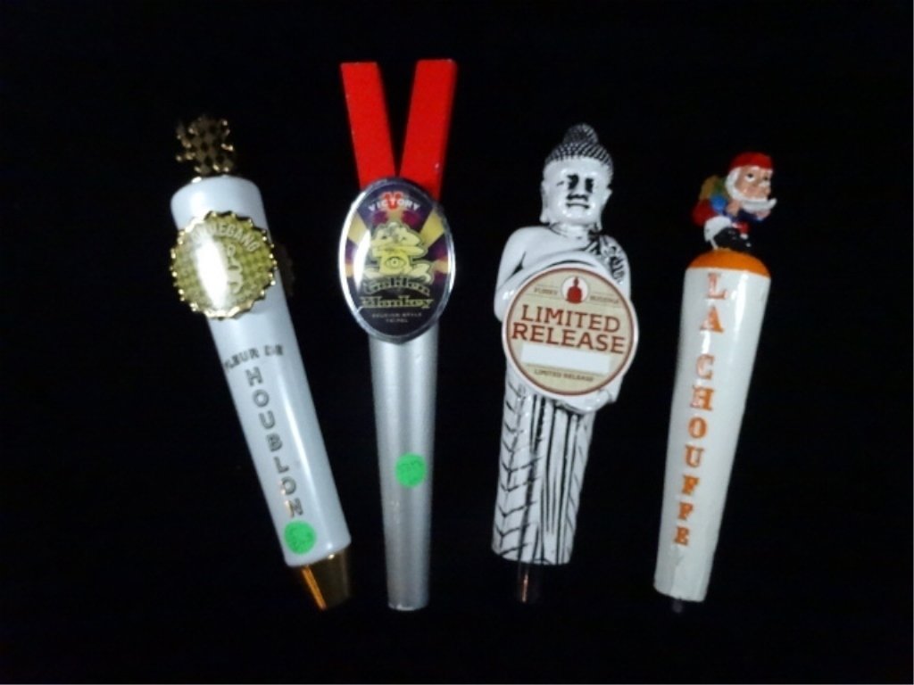 4 PC LOT BEER TAPS, VARIOUS BRANDS OF BEER, LARGEST: 4 PC LOT BEER TAPS, VARIOUS BRANDS OF BEER, LARGEST APPROX 12"H, SKU5319.06